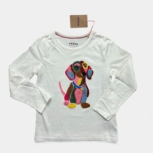 *New* Mini Boden Ivory Long Sleeve Boucle Puppy Dog T-Shirt Girls Size 6-7